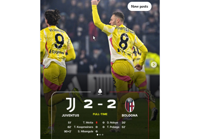 
					Main di kandang lawan, Bologna menampilkan permainan hebat sehingga mampu menahan skor 2-2 saat dijamu oleh Juventus. instagram@433