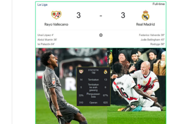 
					o Pertandingan antara Rayo Vallecano dan Real Madrid pada 15 Desember 2024 berakhir hasil imbang 3-3 di Estadio de Vallecas. Minggu, 15 Dese,ber 2024. instagram@faktabola