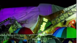 Atap panggung utama acara pengajian dan sholawat Gus Iqdam di Bloro ambruk. Akibat tenda penuh air hujan pada Minggu malam, 15 Desember 2024. instagram@suarabayaterkini