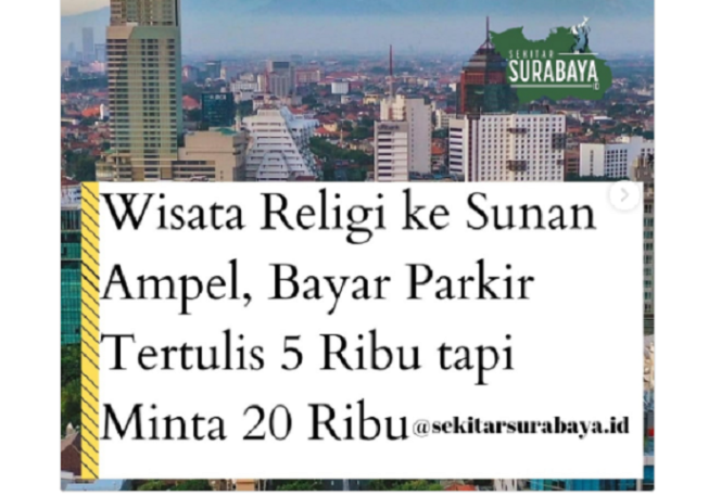 
					Warga menumpahkan keluahan soal parkir di kawasan wisata religi Sunan Ampel di akun instagram@sekitarsurabaya.id