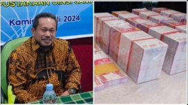 Doktor Andi Ibrahim salah satu master mind, sindikat uang palsu yang discetak di gedung perpustakaan kampus UIN Alausidn, Makssar. Tumpukan barang bukti uang palsu yang sangat mirip dengan uang resmi yang legal. Foto: bangka,tribunnews.com