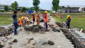 Foto:Istimewa
Pekerja tengah meneruskan pembangunan TPT di rest area Bumdes Pranti.