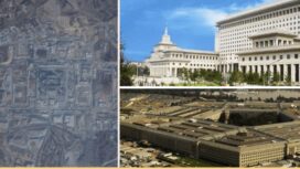 Gambar kiri markas yang sedang dibangun China, kanan Pentagon