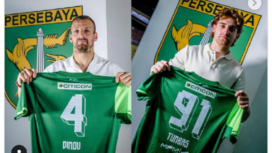 (Kiri) Dime Dimov nomor punggung 4, dan (Kanan) Dejan Tumbas (91), merupakan darah baru bagi Persebaya hasil rekrutmen Liga BRI 2024/2025. Foto: officialpersebaya