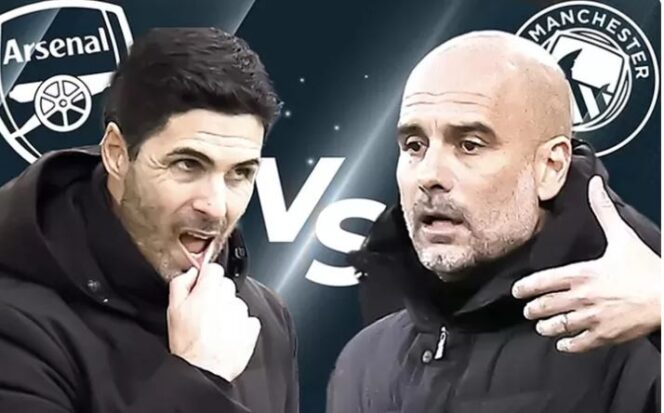 
					Pelatih Arsenal Mikel Arteta dan pelatih Man City Pep Guardiola
