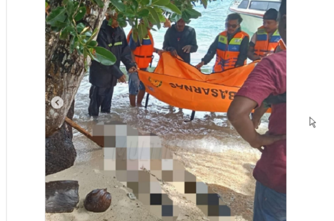 
					Tim SAR gabungan Polda Maluku Utara (Malut), TNI, dan Basarnas mengevakuasi jenazah jurnalis MetroTV Sahril Helmi,  yang ditemukan di pesisir pantai Desa Sabatang, Bacan Timur, Halmahera Selatan, Sabtu 8 Februari 2025. Instagram@humaspolri