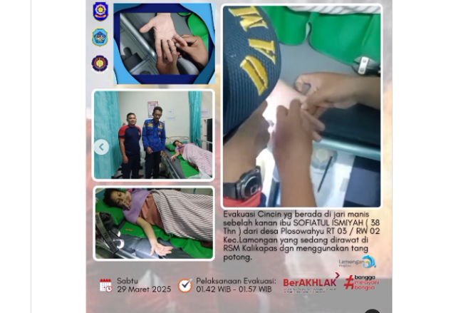 
					Seorang ibu hamil dari RS Muhammadiyah Lamongan dibawa ke kantor Damkar Pemkab Lamongan, untuk mendapat pertolongan melepaskan cicin yang melekat di jarinya yang tidak bisa dicopot, 
Instagram@damkarlamongan.official