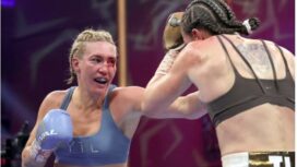 Mikaela Mayer (left) defeated Sandy Ryan in a rematch to retain her WBO world welterweight title. Photograph: Steve Marcus/Getty Images