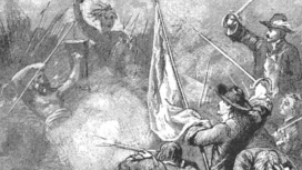 Pertempuran antara tentara VOC dan Trunajaya, digambarkan di sebuah buku cerita Belanda tahun 1890. (Wikipedia)