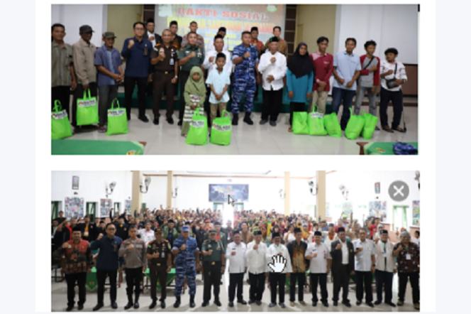 
					Menejlang Lebaran, Forum Komunikasi Masyarakat Jombang (FKMJ) bekerja sama dengan Kodim 0814 Jombang, menyelenggarakan bakti sosial dengan membagikan 400 paket sembako kepada masyarakat yang berhak menerima, di makodim Rabu 19 Maret 2025. Foto: jombangkab.go.id