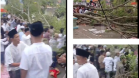 Duka mendalam di Pemalang Jawa Tengah, sebatang pohon beringin tua tiba-tiba tumbang ke arah jalan yang menjadi tempat salat Id di alun-alun Pemalang, Senin 31 Maret 2025. Dikabarkan orang dua meninggal dunia, 17 lainnya mengalami luka-luka.
Tangkap layar video Instagram@pemalang_update