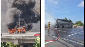 Bus PO Hariyanto terbakar habis di tol Semarang-Krapyak, akibat ban meletus, Jumat 21 Maret 2025. Tangkap Layar Video Instagram@disekitar_surabaya