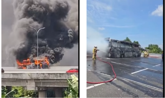 
					Bus PO Hariyanto terbakar habis di tol Semarang-Krapyak, akibat ban meletus, Jumat 21 Maret 2025. Tangkap Layar Video Instagram@disekitar_surabaya
