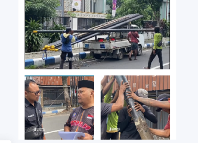 
					Ari Bawa Tjahyadi, Kabid Perlindungan Masyarakat Satpol PP Jombang, Jawa Timur, turun langsung ke lokasi, sekaligus memerintahkan mencabut tiang fiber optik di Jalan Pattimura, Jombang, Jumat 14 Maret 2025. Pekerja pemasangan tiang terpaksa mencabut kembali tiang yang sudah dipasang di jalan Pattimura, Jombang. Kolase tangkap layar video Instagram@jombanginformasi