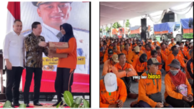 (Kiri) Walikota Surabaya Eri Cahyadi bersama Tanto Karjono  memawkili Mayapada Group, membagikan 5000 paket sembako Lebaran untuk pasukan kebesihan  Surabaya.  (Kanan) Pasukan kebersihan Dinas Lingkungan Hidup Kota Surabaya. Instagram@surabaya dan dlh.surabaya
