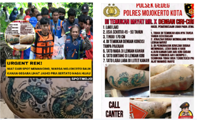 
					Polres Mojokerto sebarkan info tentang temuan jasad pria di sungai Brantas, kawasan Gedek, Mojokerto. Ciri-ciri pria,, suai sekitar 50 tahun, bertato naga. Instagram@spot.mojo