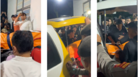 Setelah menempuih perjalanan sejauh 120 km dari lokasi kampung Karang Manik, kecamatan Negara Batin, kabupaten Way Kanan, tiga jenazah polisi yang tewas ditembak tiba di RS Bhayangkara, Lampung, pada hari  Selasa dinihari, 01.40 WIB, 18 Maret 2025. Tangkap layar video Instagram@lampunggehnews