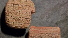 Sebuah dokumen administrasi Bangsa Sumer dengan tulisan paku di tanah liat. Foto Artcolor/picture alliance