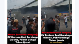 Terjadi aksi unjuk rasa di depan kantor UD Sentosa Seal, Senin 14 April 2025 di kawasan pergudangan Magromulyo, Surabaya. Pelaku aksi unjuk rasa itu   adalah para mantan pekerja didukung oleh warga lainnya. Instagram@ini_surabaya