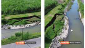 Plengsengan sekunder Gude milik BBWs Brantas, saat ini mengalami ambrol sekitar 20 meter di kawasan desa Pesantren, Kecamatan Tembelang,arah ke Gudo, Jombang. Plengsengan ini baru saja selesai dibangun akhir 2024 dengan anggaran Rp 59,6 miliar. Tangkap layar video Instagram@wargajombang