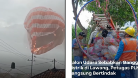 (Kiri) Sebuah balon udara tersangkut di ujung tiang listrik dan terbakar di  pemukiman warga di di desa Pandesari, Kecamatan Pujon, Kabupaten Malang, pada Selasa 1 April 2025. 
(Kanan) Petugas PLN langsung turun ke Jl. Kalianyar, desa Sidodadi, Kecamatan Lawang, di mana sampah balon udara tersangkut di jaringan kabel listrik PLN, menyebabkan pemadaman listrik di beberapa wilayah sekitar.
Instagram@majeliskopi08 dan lawang_ku