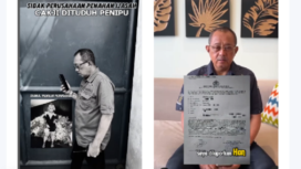(Kiri) Tangkap layar video saat Armudji mendatangi lokasi perusahaan di Margomulyo, Surabaya, namun pintu ditutup dan  gagal bertemu dengan pemilik perusahaan, Kamis 10 April 2025. (Kanan) Tangkap layar video, Armudji menyatakan siap menghadapi laporan tersebut, menyertakan foto copy surat laporan dari Hanjua Diana, sebagai pelapor. Instagram@cakij1
