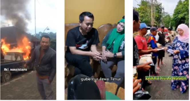 
					(Kiri) Kartolo, warga desa Ngembal, Wajak kabupaten Malang sengaja membakar pick up Chevrolet tua miliknya, karena tidak ada pengampunan pajak. (Tengah) Pengacara Cak Sholeh wawancara emak-emak soal pemutihan pajak kendaraan bermotor (PKB). (Kiri) Gubernur Jawa Timur Khofiah bagi-bagi zakat. 
Tangkap layar video Instagram@ikla_nusantara, Instagaram@Sholeh_lawyer, Instagram@khofifah.ip