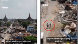 (Kiri) Adalah video palsu deepfake menggunakan teknologi AI (Artifacial Intelligence) yang diunggah lewat tiktok.com. Video ini telah ditonton lebih 14 juta pemirsa. (Kanan) Salah satu tanda bahwa video itu palsu adalah gerakan orang berjalan tidak normal, alias tidak harmonis, mirip robot. 
Tangkap layar video Instagram@bbcindonesia