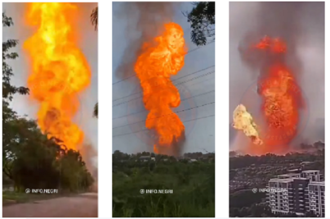 
					Pipa gas milik Pteronas Malaysia meledak di negara bgaian Selangor, 1 April 2025, menyebabkan 112 warga terluka. 
Instagram@info.negeri
