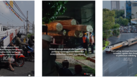 (Kiri) Pengendara kendaraan bermotor suka menerobos palang pintu kereta api. 
(Tengah) Kecelakaan KA Jenggolo melawan tronton pengangkut log kayu di Gresik yang menyebabkan seorang masinis muda meninggal dunia. (Kanan) Suasana perlintasan kereta api. Tangkap layar video Instagram@KAI121