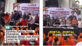 Polrestabes Surabaya, Selasa, 22 April 2025, menggelar konferensi pers terkait upaya memberantas pencurian sepeda motor. Selama kurun waktu 26 Februari - 20 April 2025, Satreskrim berhasil ungkap 53 kasus ranmor dan menangkap 41 tersangka. Tangkap layar video Instagram@surabayakabarmetro