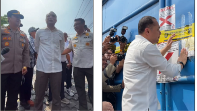 
					Walikota Surabaya, Eri Cahyadi didampingi kapoles Tanjung Perak  AKBP William Cornelis Tanasale, S.I.K. dan Kasatpol PP, M. Fikser melakukan penyegelean gudang UD Sentosa Seal, buntut dari penahanan ijazah mantan karyawan perusahaan pimpinan Jan Hwa Diana. Tangkap Layar Video Instagram@ericahyadi_