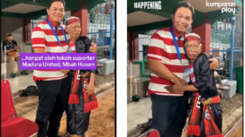 Mbah Hussein tokoh tua supporter Madura united, menyambut dengan salam hangat kedatangan Achaanul Qusasi, mantan Bendahara PSSI dan Anggota BPK yang terlibat kasus uap Rp 40 miliar. Dia divonis hukuman 2,5 tahun, kini memasuki masa bebas bersyarat hingga Februari 2026. Tangkap layar video Instagram@kumparanplay
