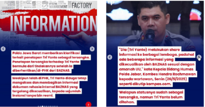 
					Tri Yanto, mantan Kepala Kepatuhan dan Satuan Audit Internal Baznas Jabar, mencoba membongkar dugaan penyalahgunaan dana senilai Rp 13,3 Miliar di Baznas Jawa Barat, tetapi kini dia jutsru menjadi tersangka pelanggaran UU ITE, membocorkan data. Instagram@hukum.perubahan