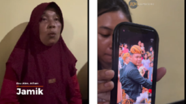 (Kiri) Jami, ibu mendiang pelajar bernama Mukhamat Alfa, 18, pelajar SMK Raden Rahmat, Mojokerto, yang jasadnya ditemukan di pondasi bendungan Sungai Brantas di wilayah Prambon, kabupaten Sidoarjo, 5 Mair 2025. (Kanan) Foto mendaign M Alfan. Tangkap layar video Instagram@kabarmojokerto.id