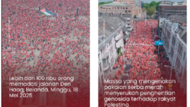 Jalanan dan lapangan di Den Haag Belanda, Minggu 18 Mei 2025,  memerah darah. Lebih dari 100 warga Belanda turun ke jalan, melakukan protes, agar pemerintah Belanda menghentikan dukungan kepada Israel, dan menghentikan genosida kepada Palestina. Tangkap layar video Instagram@rmol.id