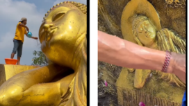 Jelang peringatan dan perayaan hari Waisyak, pimpinan Maha Vihara Mojopahit, Mojokerto, memandikan patung Budhha Tidur, Rabu, 7 Mei 2025. Instagram@kabarmojokerto.id