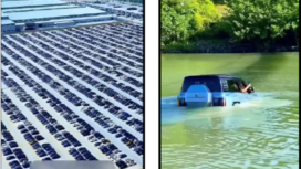 (Kiri) Pabrik mobil BYD di China ini luasnya 32.000 hektar. (Kanan) Sebuah mobil amphibi, salah satu daya tarik keunikan BYD. Tangkap Layar Video Instagram@umkmsarjana