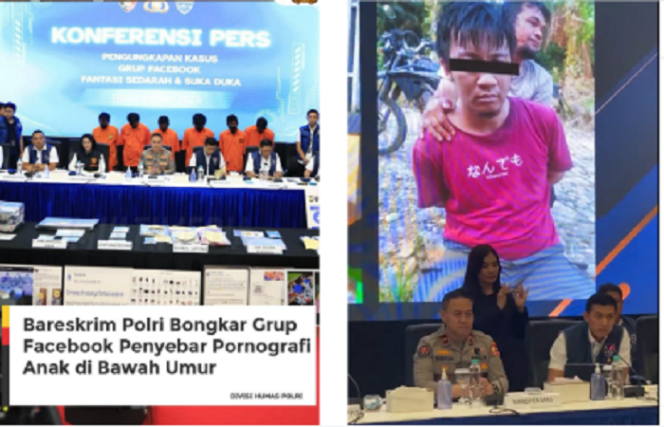 
					Bareskrim Polri menggelar konferensi pers, terkait pembongkaran dan penangkapan admin (pengelola) akun Facebook: Fantasi Sedarah dan Suka Duka, berisi konten video dan foto kasus inses dan pornografi anak-anak. Instagram@divisihumaspolri