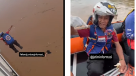 (Kiri) Jaenal nekad terjun dari jembatan dari jembatan sungai Brantas di desa Ngrami, Kecamatan Pungging, Kabupaten Mojokerto pada Selasa siang, 20 Mei 2025. (Kanan) Setelah terjun dan hanyut sejauh  5 km, dirinya dan jasad berhasil dievakuasi  relawan Birunya Cinta dalam kondisi selamat. Tangkap layar video Instagram@jatiminformasi