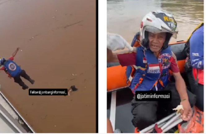 
					(Kiri) Jaenal nekad terjun dari jembatan dari jembatan sungai Brantas di desa Ngrami, Kecamatan Pungging, Kabupaten Mojokerto pada Selasa siang, 20 Mei 2025. (Kanan) Setelah terjun dan hanyut sejauh  5 km, dirinya dan jasad berhasil dievakuasi  relawan Birunya Cinta dalam kondisi selamat. Tangkap layar video Instagram@jatiminformasi