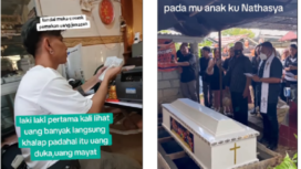 (Kiri) Tangkap layar video ketika Jovan, 27, sedang menghitung uang diduga di Kamboja. (Kanan) Pemakaman jenazah Nathasya Cindy Lea Antou di Kelurahan Tikala Ares, Kecamatan Tikala, Kota Manado, Sulawesi Utara. Tangkap layar video Instagram@yuni_tkwhongkong