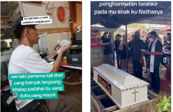 
					(Kiri) Tangkap layar video ketika Jovan, 27, sedang menghitung uang diduga di Kamboja. (Kanan) Pemakaman jenazah Nathasya Cindy Lea Antou di Kelurahan Tikala Ares, Kecamatan Tikala, Kota Manado, Sulawesi Utara. Tangkap layar video Instagram@yuni_tkwhongkong