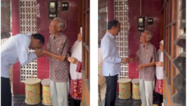 Tampak mantan Presiden RI Jokowi Widodo cium tangan Ir Kasmudjo, manan dosennya di Fakultas Kehutanan UGM. (Kanan) Jokowi berpamitan pulang. Tangkap layar video Instagram@jokowi 