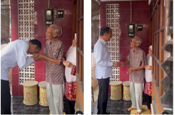 
					Tampak mantan Presiden RI Jokowi Widodo cium tangan Ir Kasmudjo, manan dosennya di Fakultas Kehutanan UGM. (Kanan) Jokowi berpamitan pulang. Tangkap layar video Instagram@jokowi 