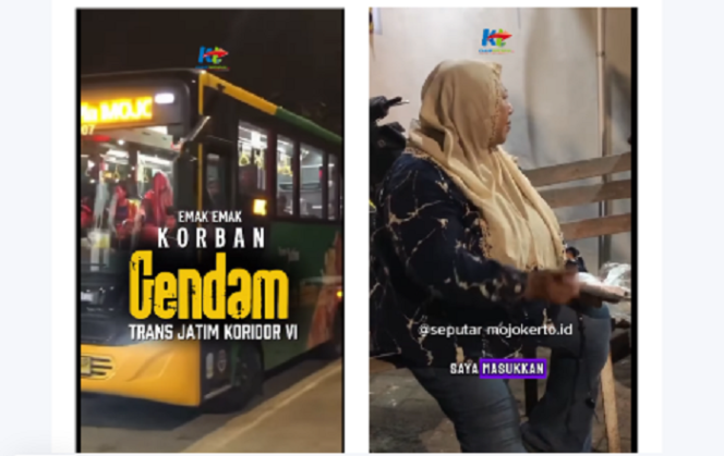 
					Seorang ibu rumah tangga asal Mojokerto menjadi korban gendam saat hendak menaiki bus Trans Jatim Koridor VI rute Sidoarjo–Mojokerto di area di terminal Porong, Kabupaten Sidoarjo, Kamis sore, 29 Mei 2025. Tangkap layar video Instagram@kabarterdepanmojokerto
