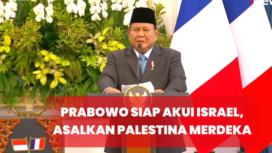 Presiden Prabowo Subianto menyatakan Indonesia siap menjalin hubungan diplomatik dengan Israel, dengan syarat berdiri negara Palestina, saat menggelar konferensi pers bersama Presiden Pracis, Emmanuel Macron, di Jakarta, Rabu 28 Mei 2025. Tangkap Layar Video Youtube@Official iNews