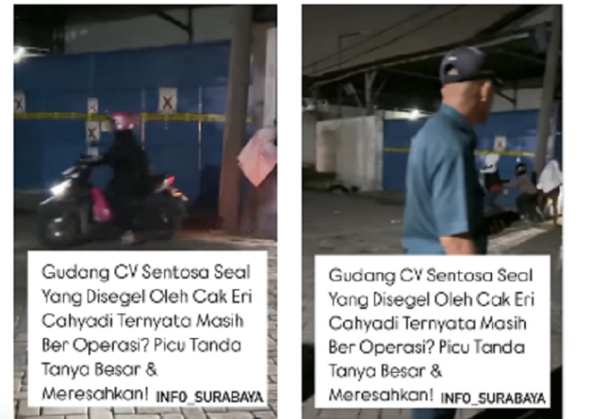 
					Tampak sekelompok orang pria dan wanita keluar dari pintu besi yang sudah disegel walikota Surabaya, terekam dalam video. Diduga kuat meski sudah disegel, pimpinan UD Sentosa Seal, Diana Jan Hwa dan Handy Soenar tetap mengoperasikan usahanya. Tangkap layar video Instagram,@info_surabaya