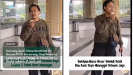 Inilah solo demo yang dilakukan oleh seorang pria benrama Edwin Septian, warga Telukjambe, Karawang, Jawa Barat, melakukan protes, setelah bayinya meninggal di RSUD Karawang, 29 April 2025. Tangkap layar video Instagram@vacio.id