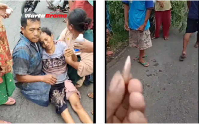 
					Sayati (45) korban peluru nyasar, saat dia sedang memanen kelor di kebun milik warga di dusun Semendung, desa Pasinan, Kecamatan Lekok, kabupaten Pasuruan. Insiden terjadi sekitar pukul 10.00 WIB, Selasa 27 Mei 2025. Tangkap layar video Instagram@Wartabromo